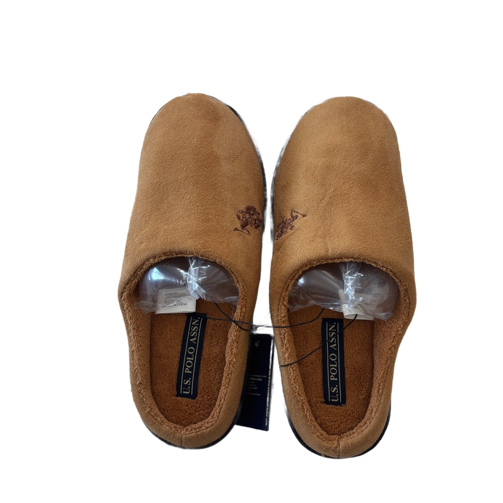 NWT U.S. Polo Assn Mens Scuff Slippers Tan Faux Suede House Shoes Size S 7-8 NEW